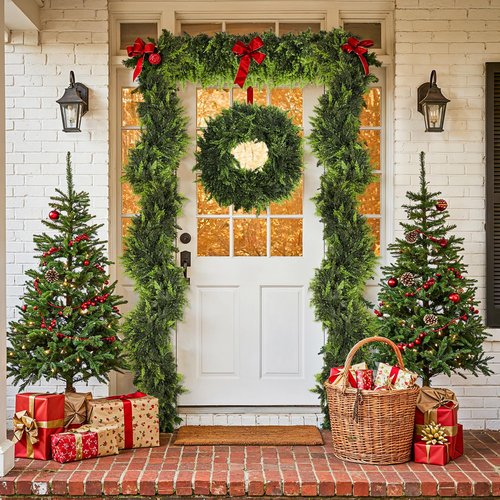 2 Pcs Artificial Cedar Garlands, 6 FT Real Touch Winter Cedar Garland, Green Artificial Greenery Pine Garland for Table, Mantle, Wall, Indoor, Outdoor Christmas Decorations