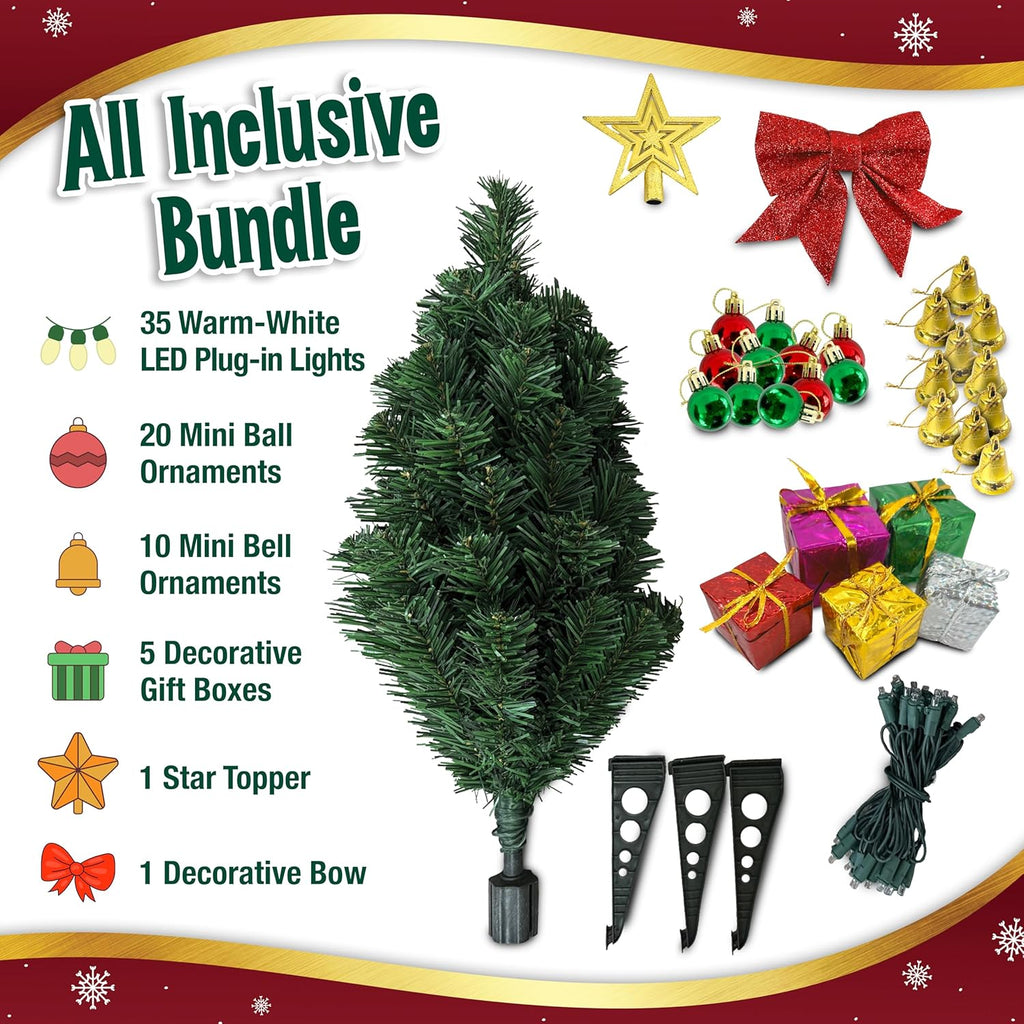 Small Christmas Tree with Lights - 23-Inch Mini Tabletop Tree with Warm-White LEDs & Ornaments