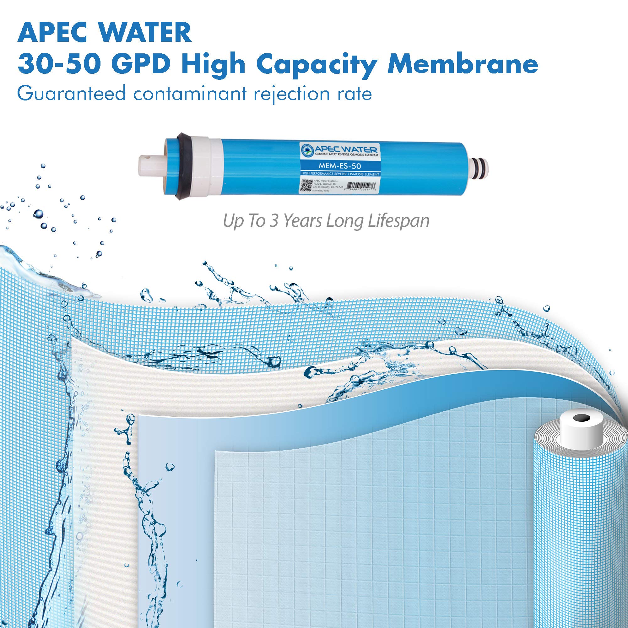 APEC MEM-ES-50 50 GPD Membrane Filter for Reverse Osmosis System and FI-ES-TCR-QC 10" High Capacity Inline Carbon Filter, White