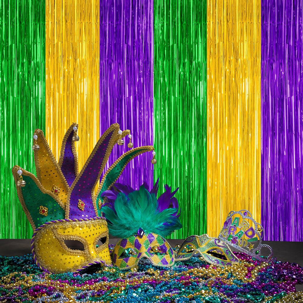 Skiennix Mardi Gras Tinsel Backdrop - 2 Pack Metallic Fringe Curtain | 3.28 FT x 7.05 FT, Purple Gold Green