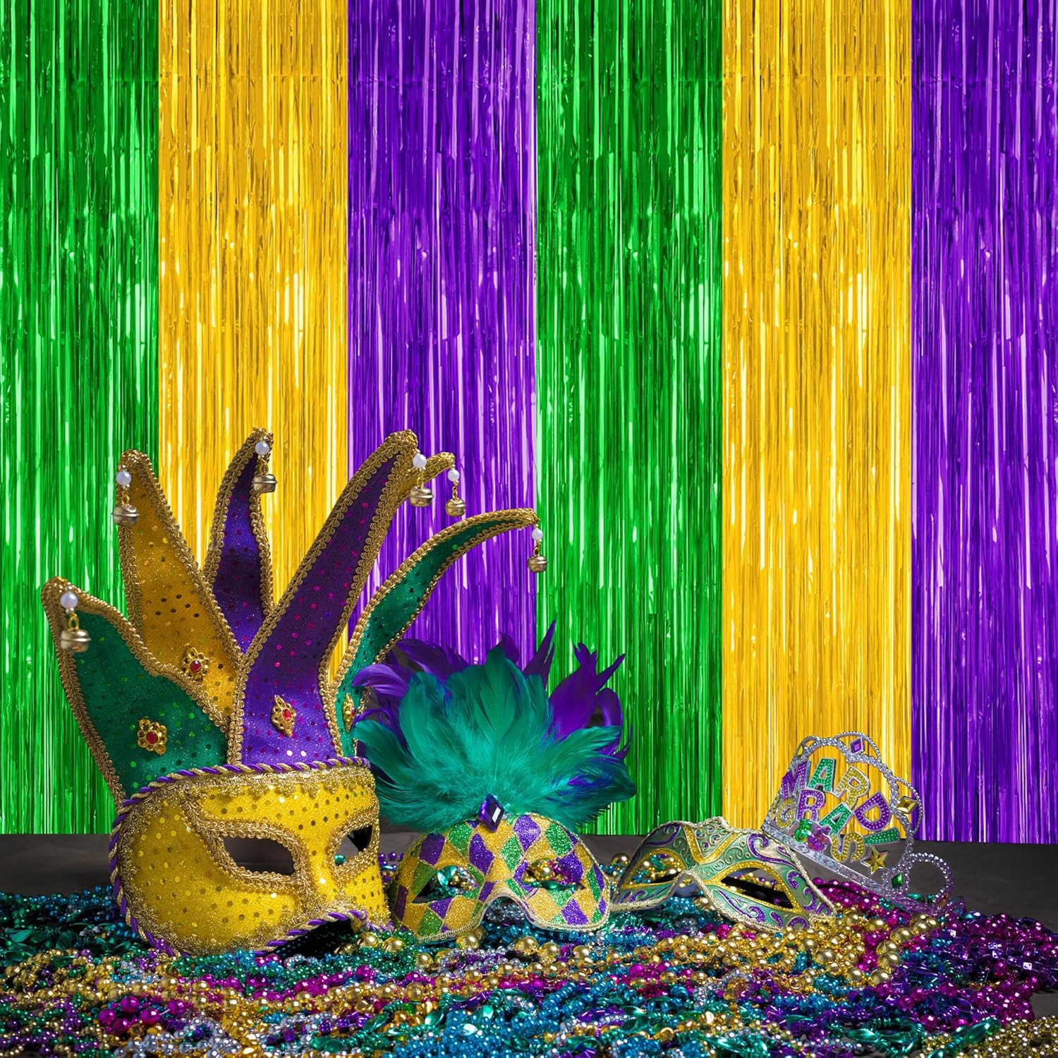 Skiennix Mardi Gras Tinsel Backdrop - 2 Pack Metallic Fringe Curtain | 3.28 FT x 7.05 FT, Purple Gold Green