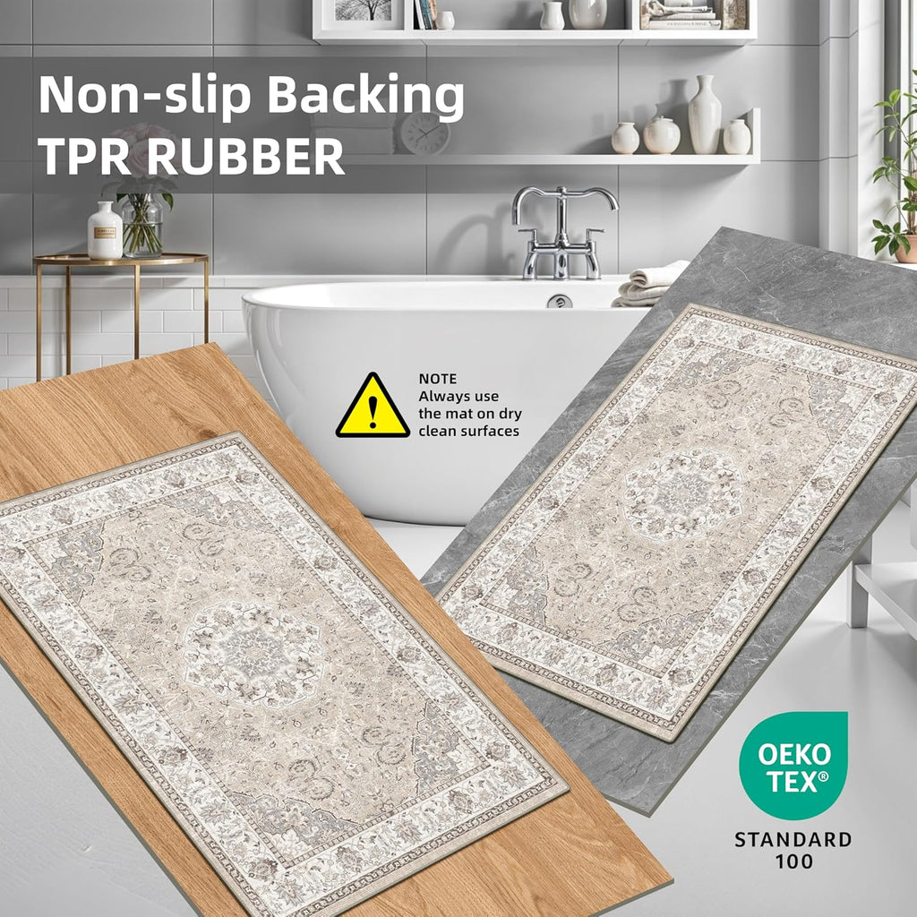 Skiennix Kitchen Rug Set - Washable Water-Resistant Soft Mats with Non-Slip Backing | Beige, 4-Piece Collection