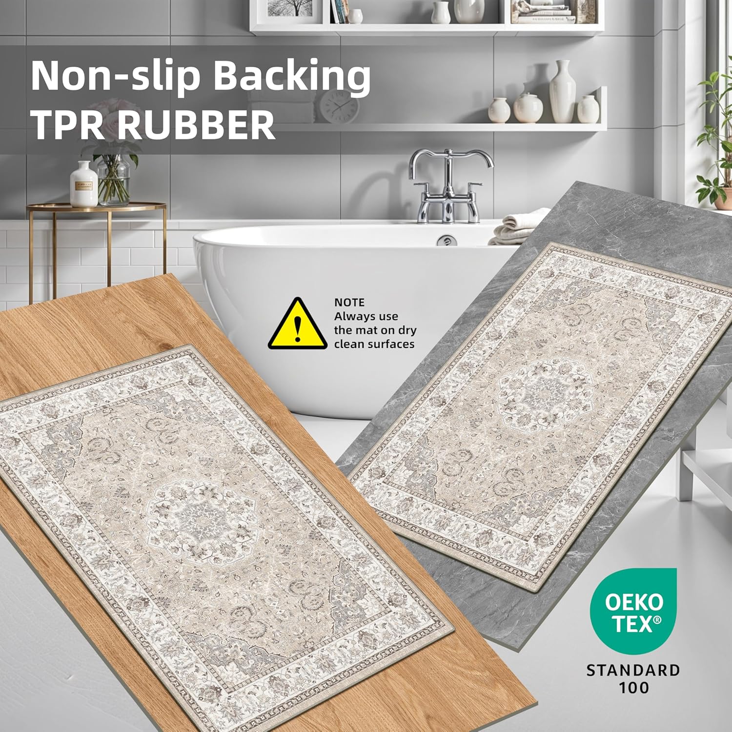 Skiennix Kitchen Rug Set - Washable Water-Resistant Soft Mats with Non-Slip Backing | Beige, 4-Piece Collection