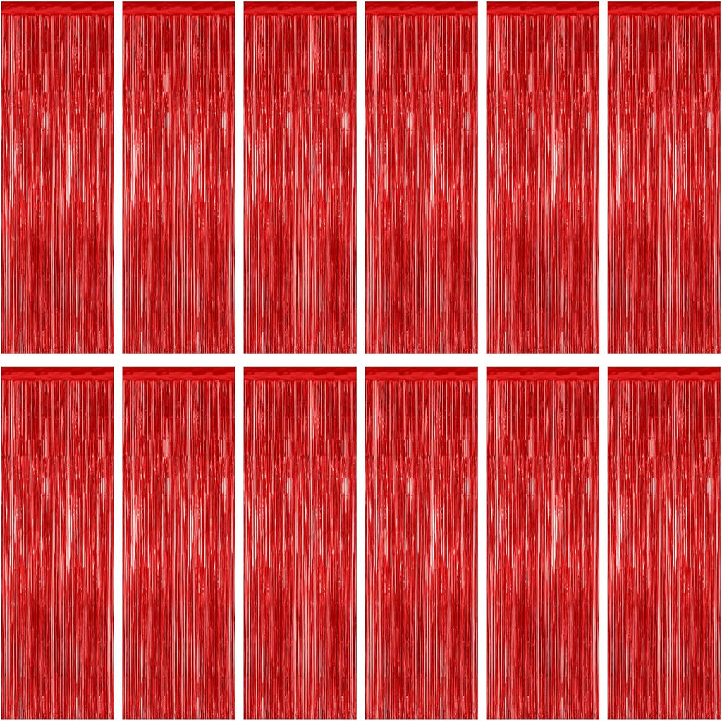 Regine Switzerland Red Curtains - 12 Pack Metallic Fringe Tinsel Backdrop | 3.28 FT x 7.05 FT Party Decor