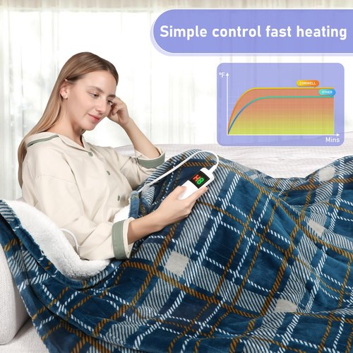 Electric Blanket Heated Throw, Soft Flannel 50"x60" Plaid Heating Blanket with 8 Hours Auto Off 10 Fast Heating Levels Machine Washable Sherpa Heated Blanket with Overheating Protection