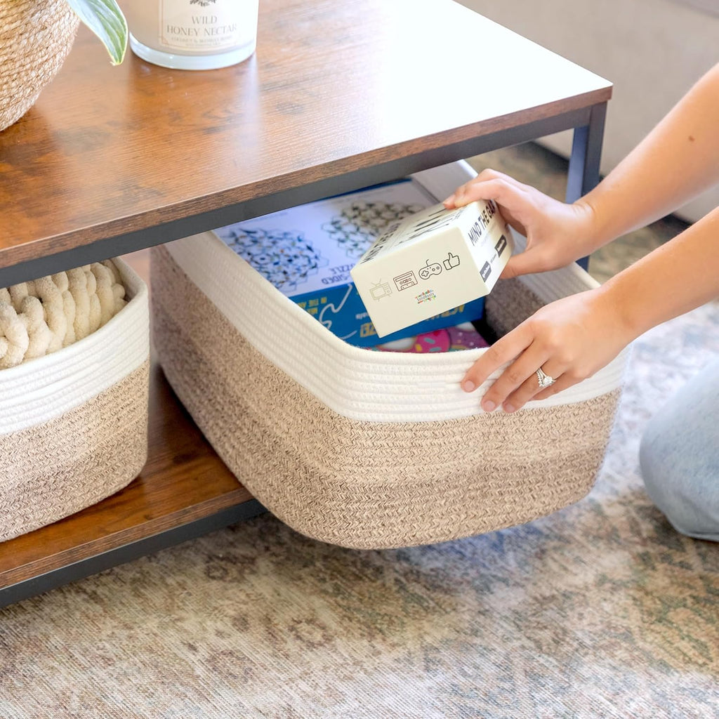 NaturalCozy Storage Baskets - 3-Pack Cotton Rope Woven Bins for Organizing | 16.8”x13”x7.6” Size