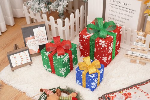 Christmas Light Up Gift Box Set (3 Pcs) - 8 Lighting Modes Battery Powered, Festive Holiday Decorations for Indoor Outdoor Tree, Yard, Home