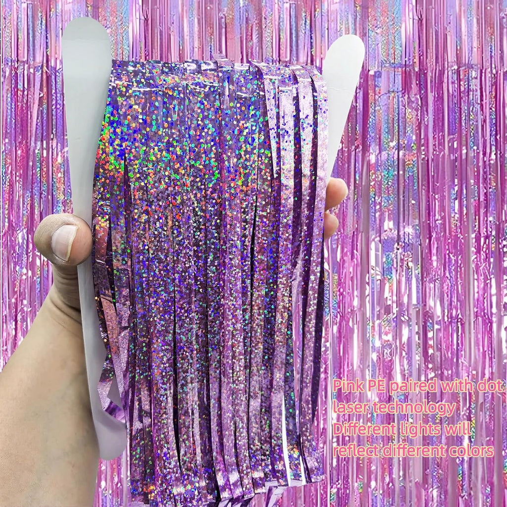 Skiennix Foil Curtain Backdrop - 3 Pack Tinsel Fringe Curtains for Parties | 3.3x6.6 ft Pink Decor