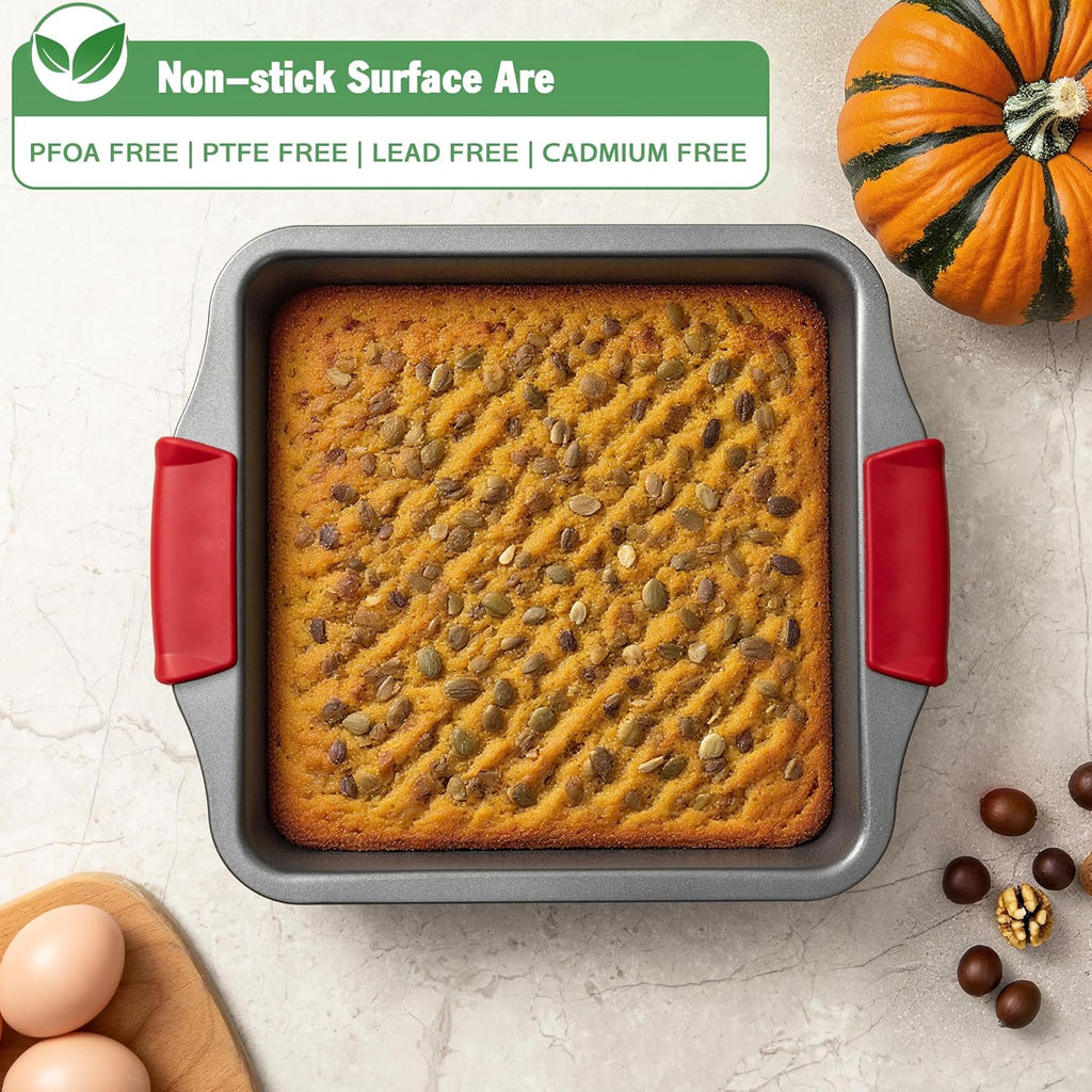 Tiawudi 9" Square Cake Pan Set - Heavy Duty Nonstick Bakeware with Diamond Texture & Silicone Grip Handles