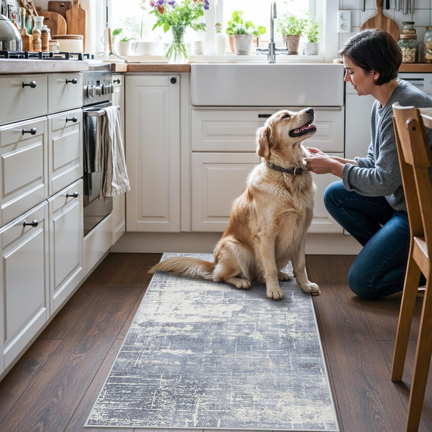 Skiennix Washable Kitchen Area Rug - Abstract Stain-Resistant Non-Slip Design | 2x4 ft, Blue/Ivory