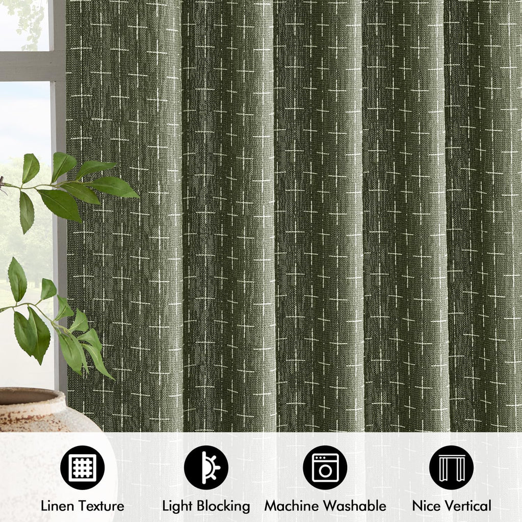 MIULEE Linen Curtains - Geometric Patterned Drapes for Living Room & Bedroom | 84-Inch Olive Green, 2 Panels Set