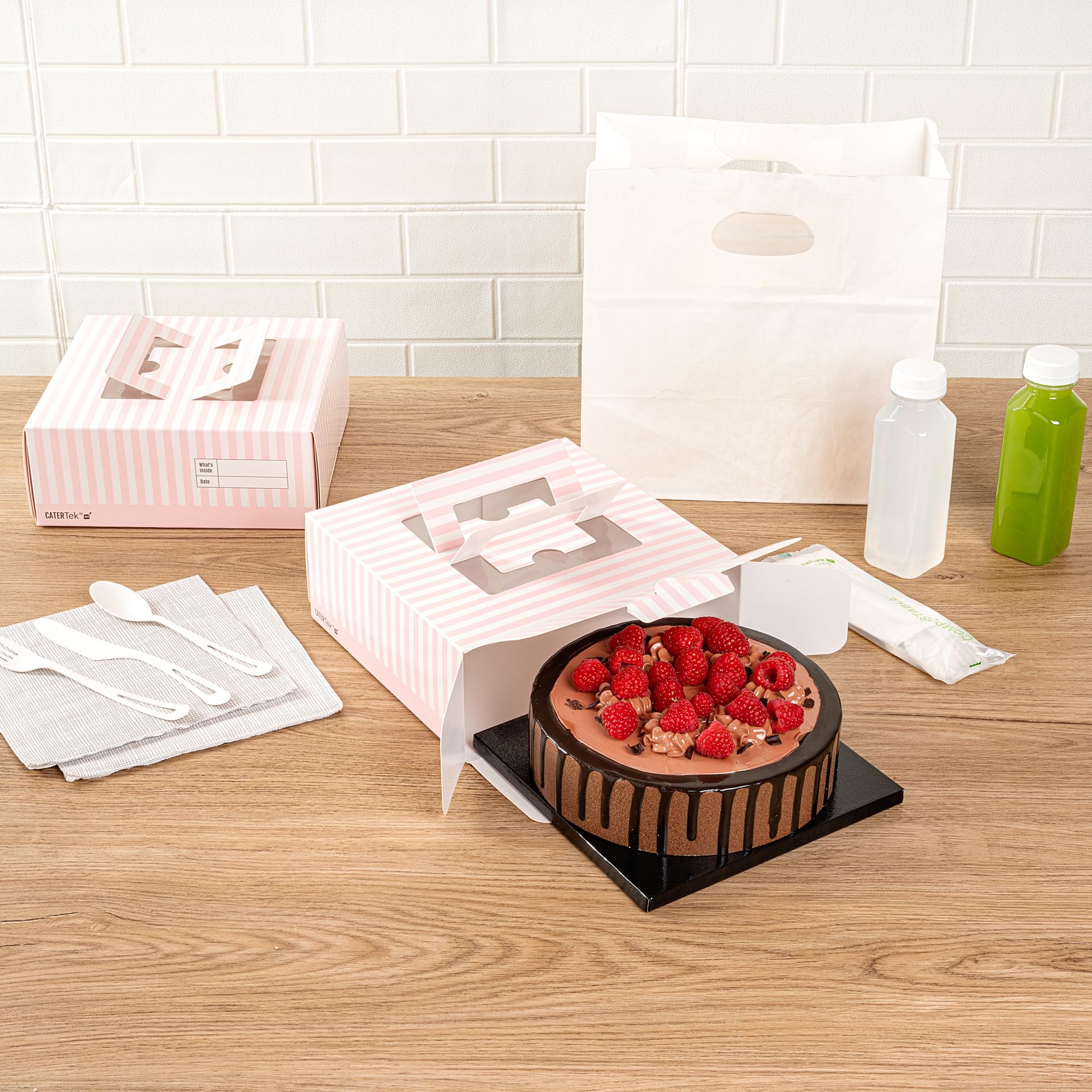 Restaurantware Cater Tek 9 x 9 x 3.5 Inch Cake Boxes 50 Disposable Lunch Boxes - Display Window Pop-Up Handles Pink and White Paper Pastry Boxes Grease Impermeable Shipped Flat