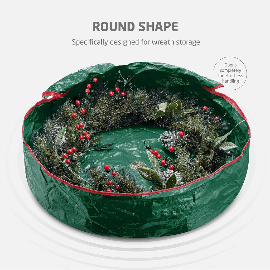 ZOBER Wreath Storage Bag - 30 Inch Durable Container for Artificial Wreaths - Dual Zipper & Strong Handles - Green