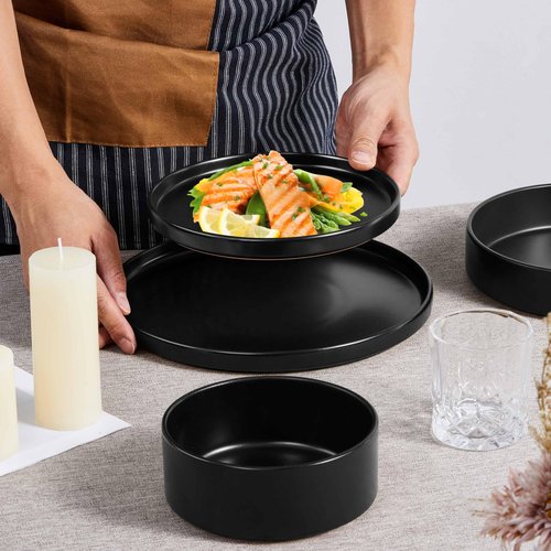 Herogo Dinnerware Sets with Pasta Bowls for 2, 8 Piece Dinner Salad Plates and Cereal Bowls, Stoneware Serving Dishes Dinner Ware for Home Kitchen, Dishwasher & Microwave Safe Dishware, Matte Black