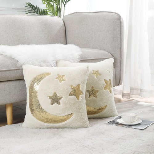 Holibeat Ramadan Throw Pillow Covers 18x18 inches Fluffy Sequin Decoration Pillowcases (Pack of 2) (3stars)