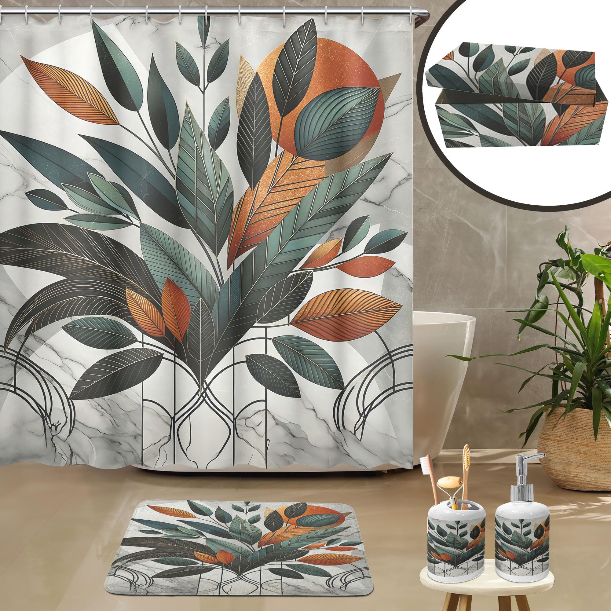 Ambesonne Boho Bathroom Decor Set 4 Pcs, Shower Curtain Bath Mat Soap Dispenser Toothbrush Holder in a Gift Box Essentials and Accessories, Mid Century Exotic Leaf, Orange Laurel Green Grey