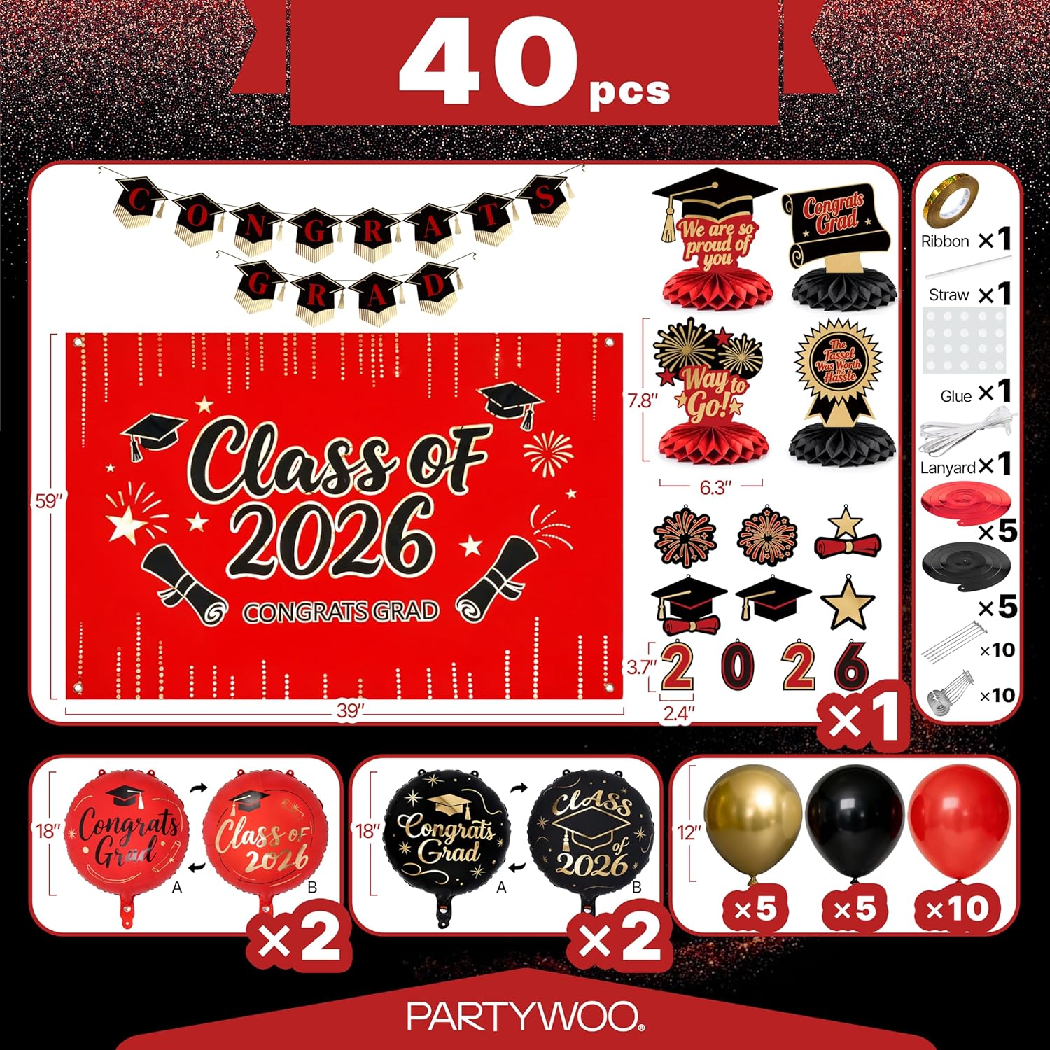 PartyWoo Graduation Decorations - Class of 2026 Supplies Set with Red Backdrop & Balloons | 40pcs