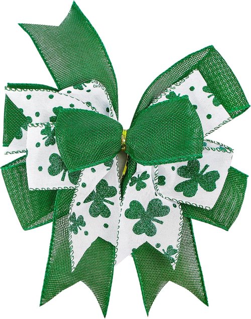 Clover Patrick's Day Wreath Bow - Green Shamrock DIY Holiday Ribbon Ornament | 9.5 x 13 Inch