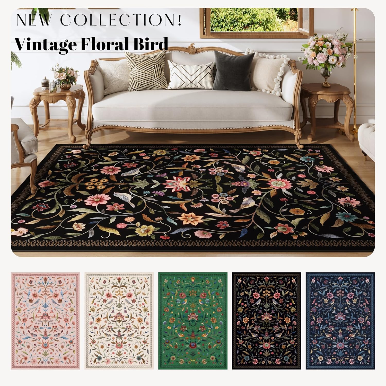 Vintage Medallion Floral Runner Rug - Washable Non-Slip Low Pile Carpet | 2'7"x8' | Black