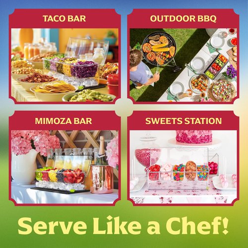 Honeyera Chilled Condiment Server | Hosting Essentials for Up to 80 Oz of Ice | Mimosa Bar Supplies Drain Plug | BPA-Free Taco Bar/Salad Bar | Food-Safe Condiment Caddy (Parent) (Black, 2 Pack)