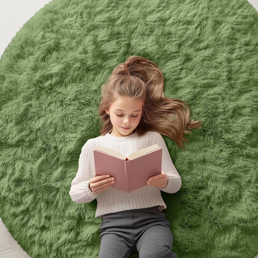 OLANLY Green Round Area Rug - Soft & Fluffy 5 ft Machine Washable Carpet for Bedroom & Living Room Decor