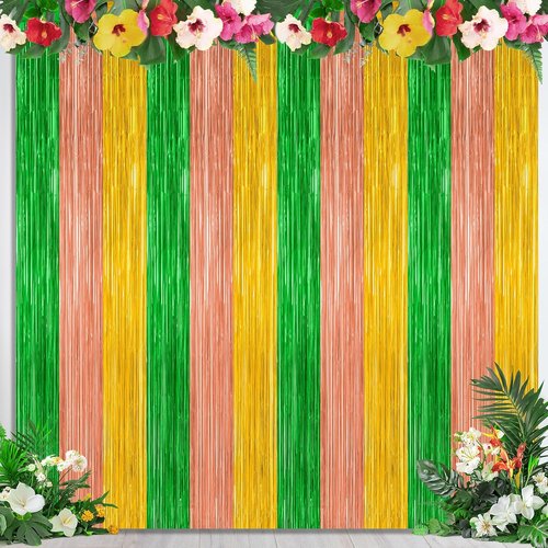 Hawaiian Party Decorations - 4 Pack Tinsel Backdrop | 3.28 FT x 7.05 FT Metallic Luau Decor