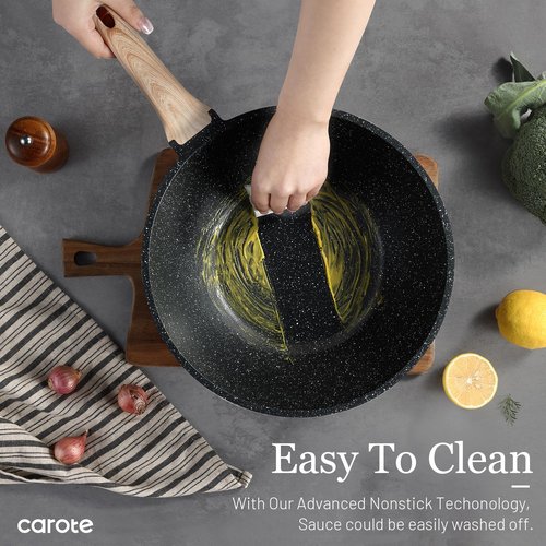 CAROTE Non Stick Wok with Lid 12''/5.3QT Woks & Stir-fry Pans Nonstick Granite Wok Pan Induction Cookware Deep Frying Pan, Compatible with All Stovetops