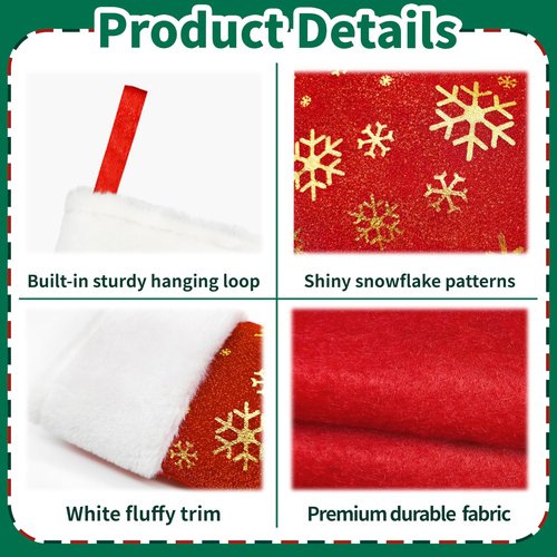 24PCS Bulk Christmas Stockings,18"Large Red Velvet with White Plush Cuff Xmas Stocking,Felt Flannel Faux Fur Stockings with Golden Snowflakes,Thickened Christmas Stockings Bulk for Fireplace Mantel