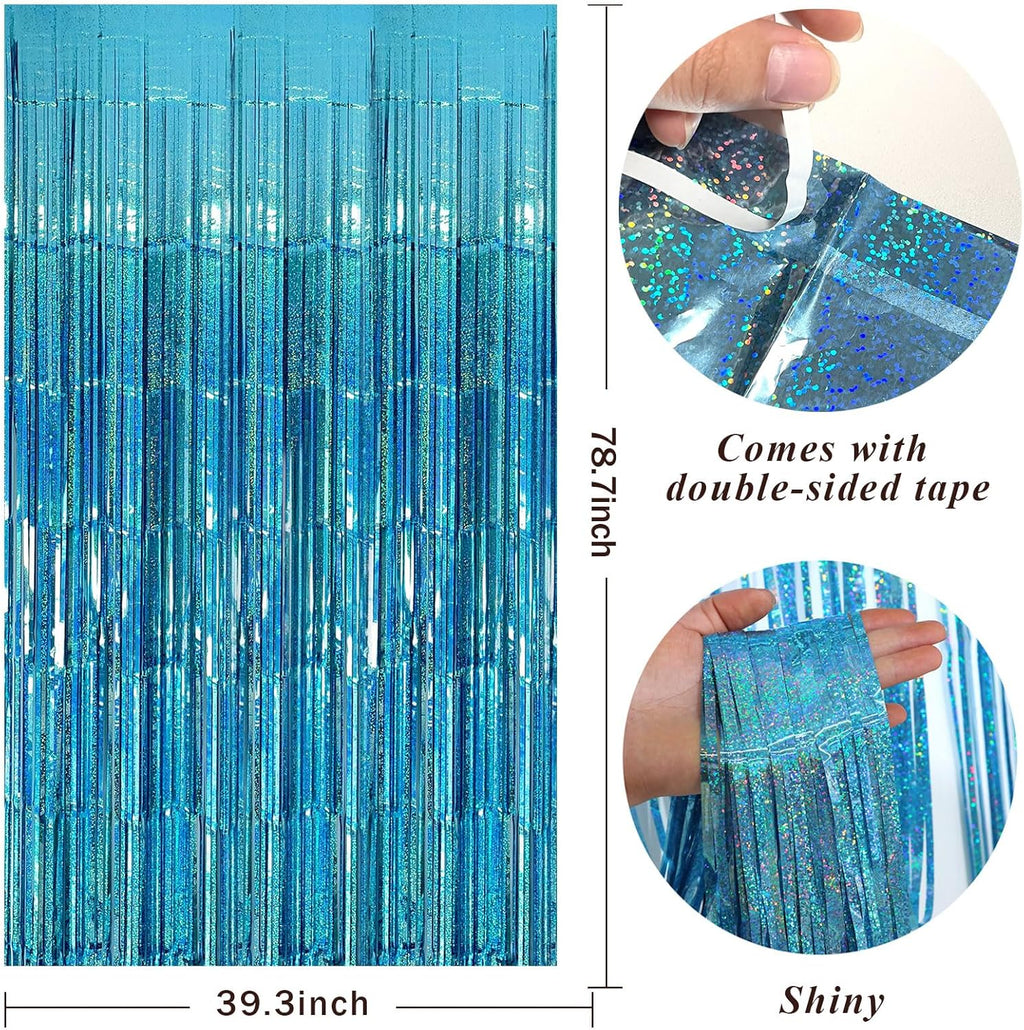 Skiennix Blue Party Backdrop Curtains - Metallic Tinsel Foil Fringe | Ocean-Themed Decor for Events
