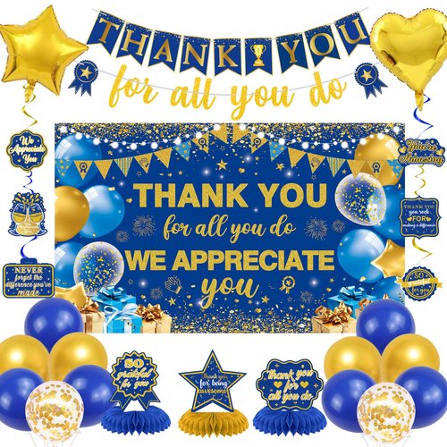 Vlipoeasn We Appreciate You Banner Decorations, Blue Gold Thank You for All You Do Backdrop Banner Honeycomb Centerpieces, Retirement Office Decor Staff Teachers Professors Doctor Nurses Appreciation