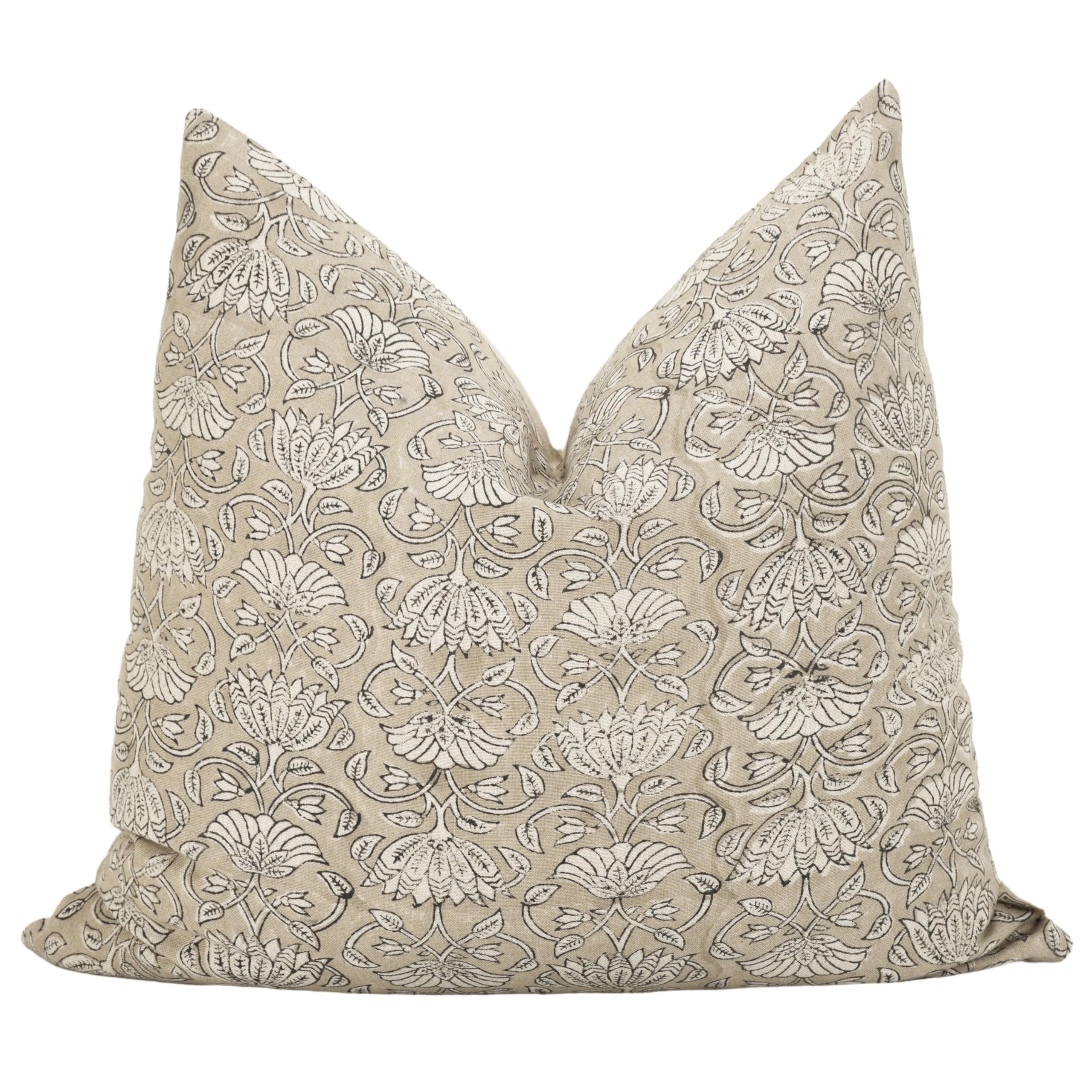 Handmade Block Print 100% Thick Cotton 20 x 20 inch Throw Pillow Cushion Cover with Zipper - Pillowcase for Bedroom, livingroom, Couch, Sofa, Outdoor, Chair, Bed, Home Décor-Margot (Muslin Beige 1)