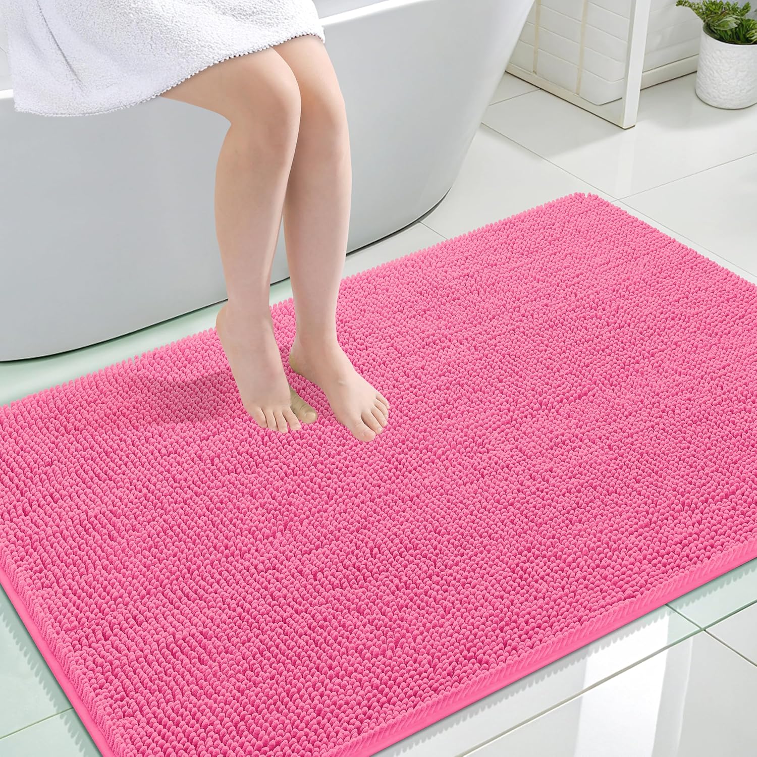 OLANLY Large Bath Rugs - Extra Soft Chenille with Quick-Dry Rubber Backing | 44x32, Hot Pink