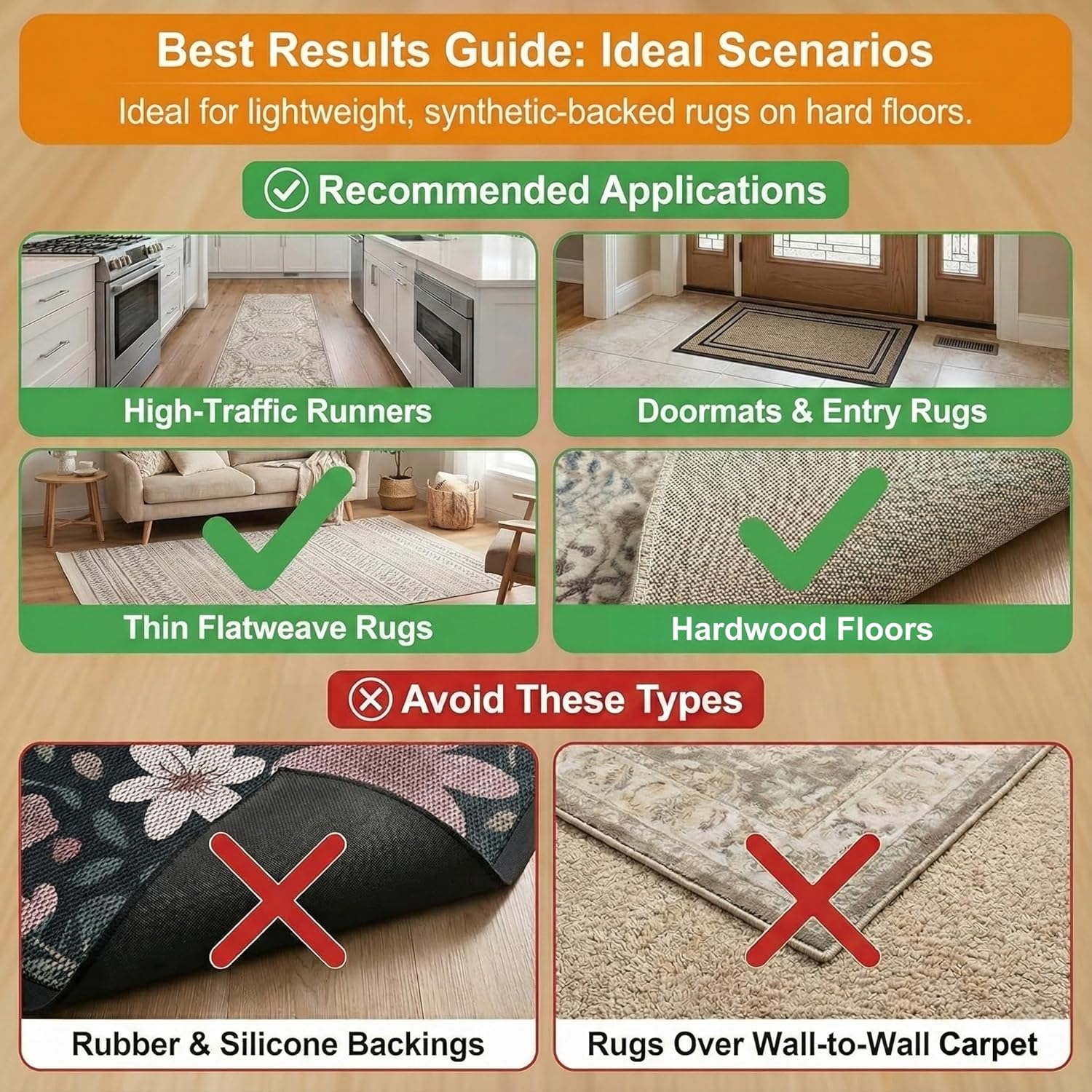 Skiennix 12 PCS Rug Gripper - Non-Slip Double-Sided Carpet Tape for Hardwood Floors | Black