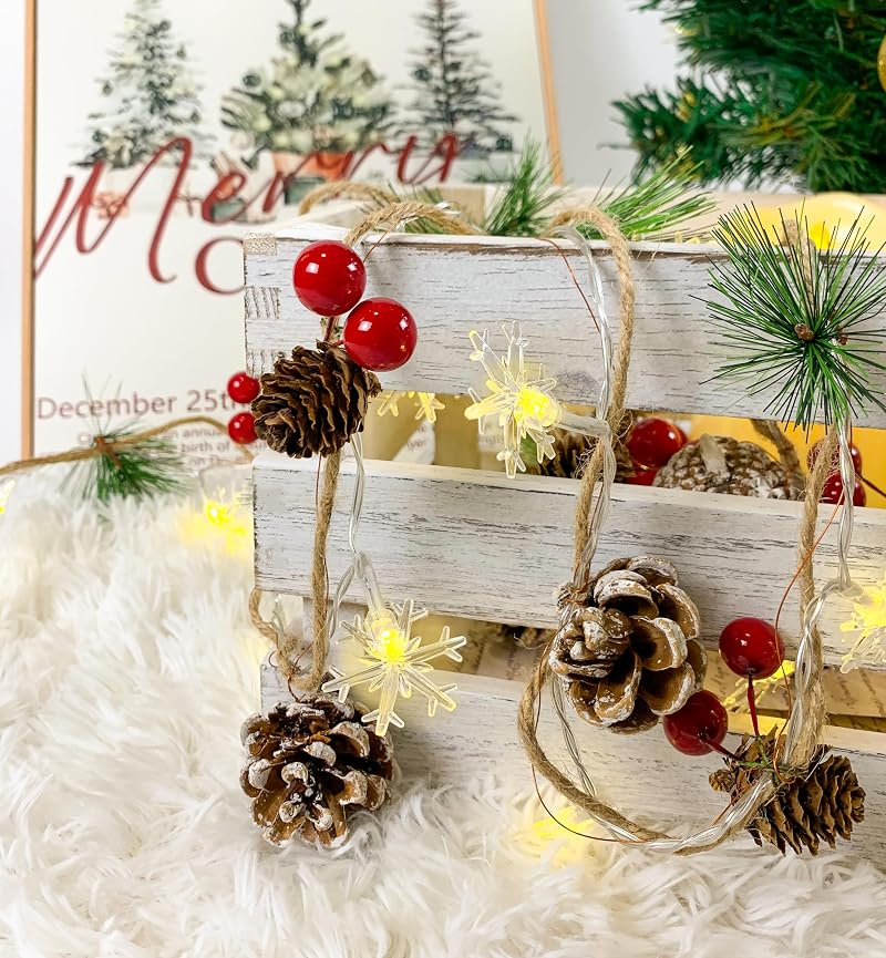 Christmas Garland with Snowflake Lights - 9.8 ft USB or Battery Powered with Pinecones & Red Berries