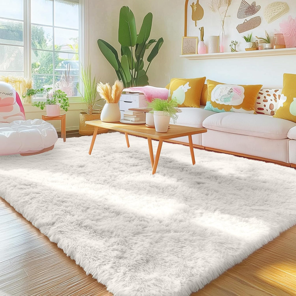 OLANLY Area Rugs - Soft Fluffy Shaggy Indoor Carpet for Living Room & Bedroom | Ivory, 4x7 Size