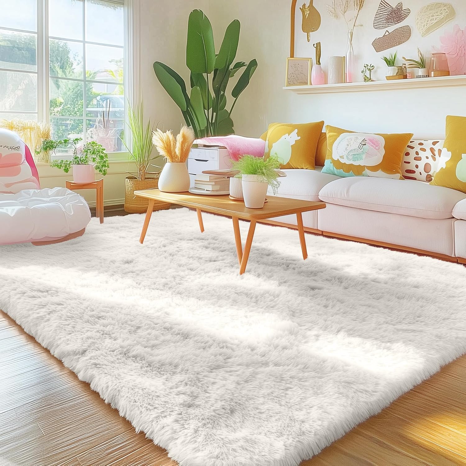 OLANLY Large Area Rug - Soft Fluffy Shaggy Carpet for Living Room & Bedroom | 5x9 Ivory Indoor Decor