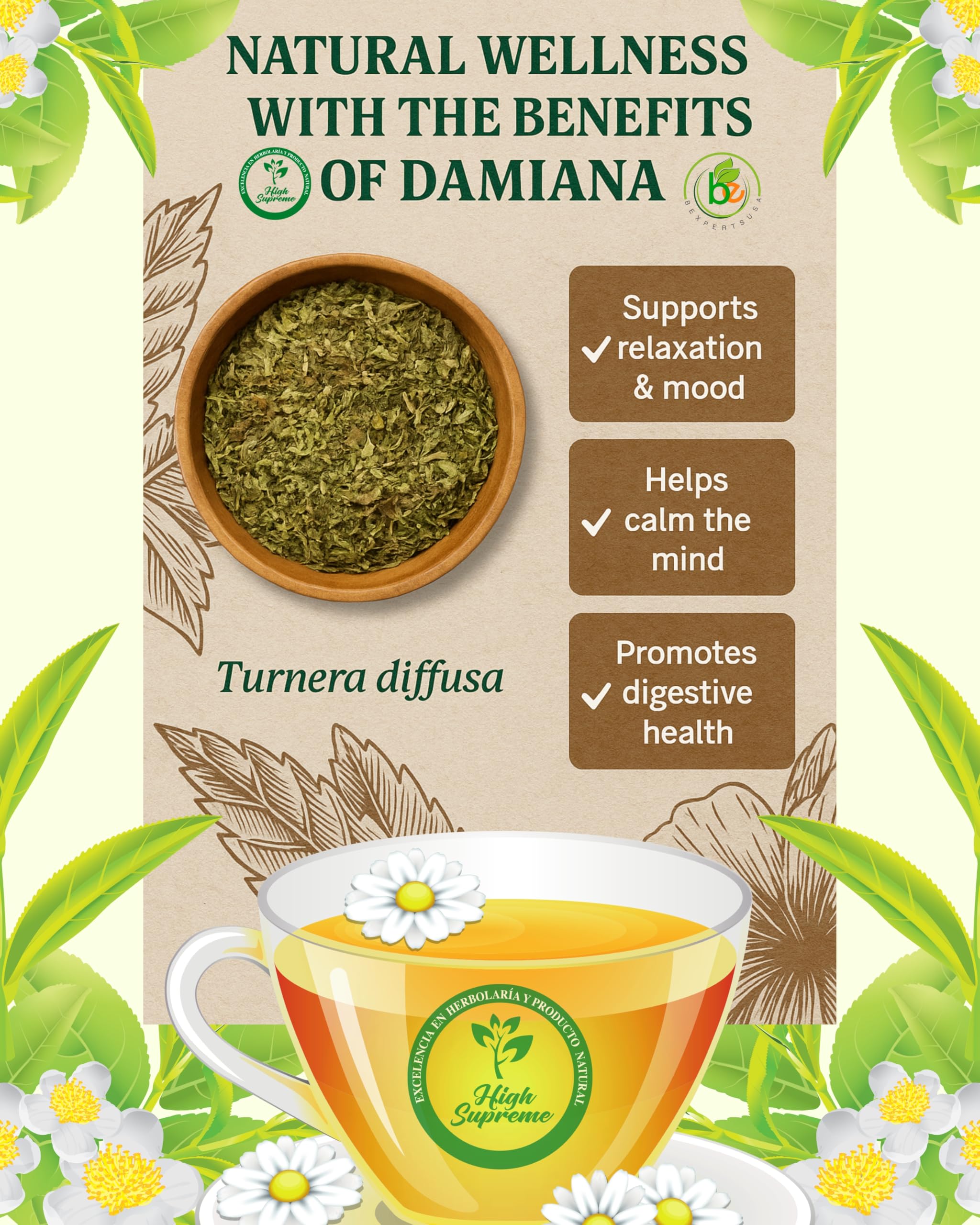 Damiana Herbal Tea – 100% Turnera diffusa – 25 Tea Bags – Natural Caffeine-Free Infusion – Traditional Herbal Beverage – Té de Damiana de California – Hecho en México