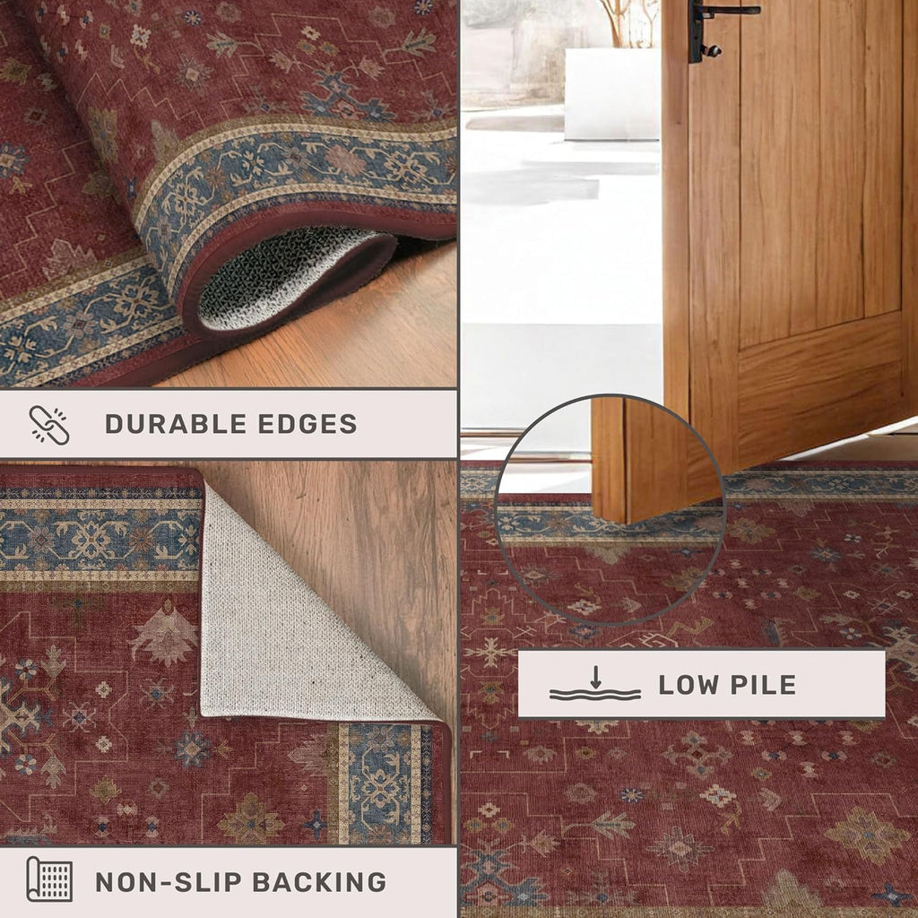 Red 2x8 Long Hallway Runner Rug - Boho Washable Indoor Mat | Non-Skid Vintage Geometric Floral Design