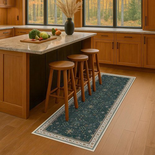 Dark Green Kitchen Rug - Modern Vintage Boho Floral Design, Washable Non-Slip Runner for Entryway | 2x5 Feet