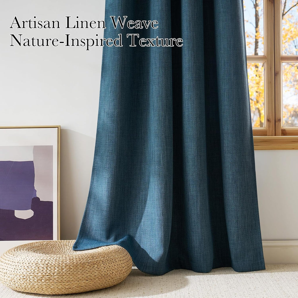 NICETOWN Short Faux Linen Blackout Curtains - Stone Blue Privacy Panels for Kitchen | 63 Inches, 2 Panels