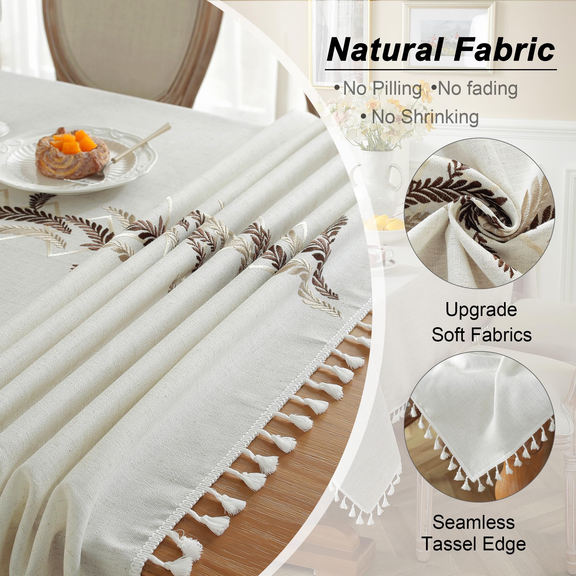 JIALE Tablecloths for Rectangle Tables, Cotton Linen Table Cloth Waterproof Tablecloth Wrinkle Free Farmhouse Dining Tables Cover, Soft Fabric Table Cloths with Tassels, Beige, 55" X 120", 10-12 Seats