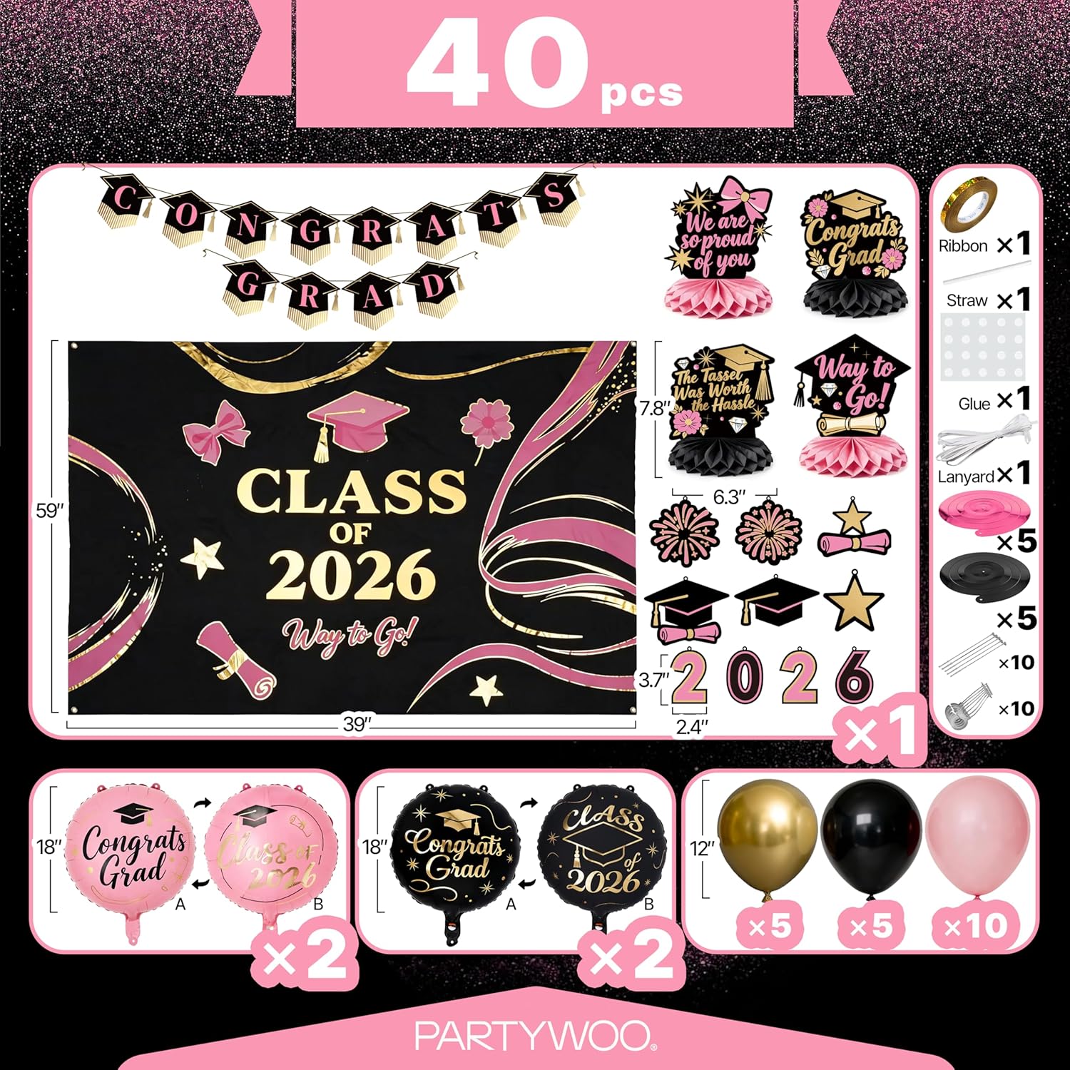 PartyWoo Graduation Decorations - Class of 2026 Black, Pink & Gold 40pcs Set with Backdrop & Balloons