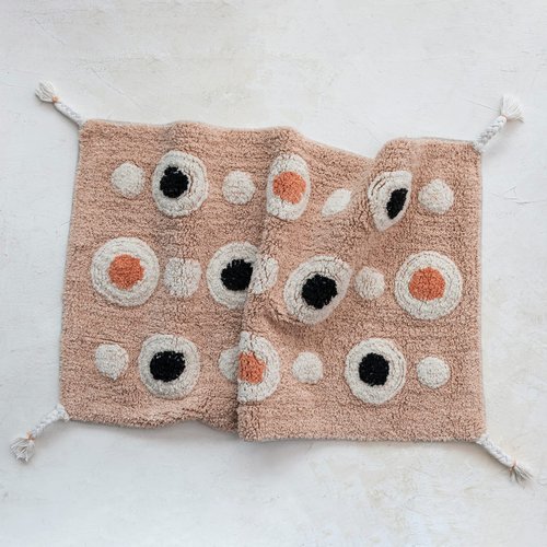 Boho Cotton Tufted Bath Mat with Circle Pattern and Tassels, Multicolor