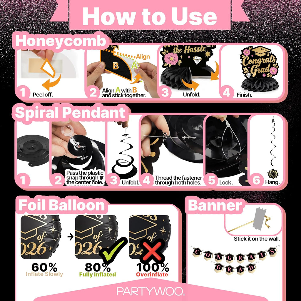 PartyWoo Graduation Decorations - Class of 2026 Black, Pink & Gold 40pcs Set with Backdrop & Balloons