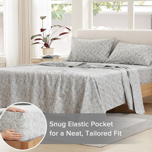 Comfort Spaces King Cotton Sheets - Soft, Breathable & Naturally Cool | 4-Piece Paisley Set with 14" Pocket