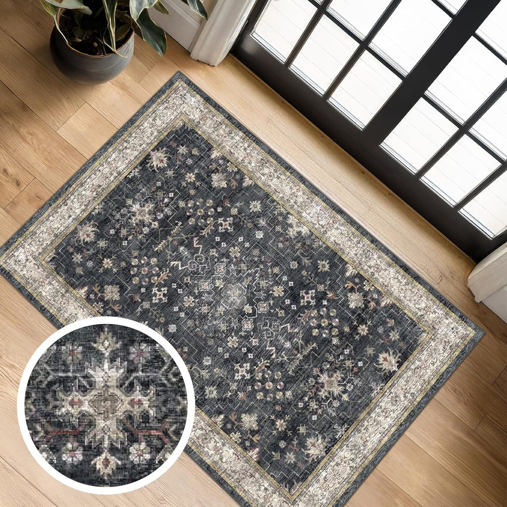 Skiennix Black Washable Entry Rug - Non-Slip Rubber Backing, Stain & Fade Resistant | 2x3 Size for Kitchen & Bathroom