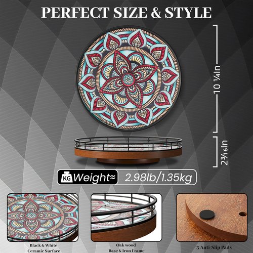 Oak Bohemia Lazy Susan 10.2" Turntable Organizer for Table Top with Ceramic 3D Boho Texture, Round Wooden Lazy Susan for Dining Table Decor, Kitchen, Countertop, Home Decor, Walnut Wood, Farmhouse
