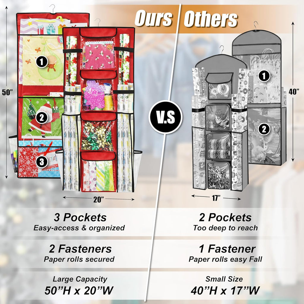 Simple Houseware Gift Wrap Organizer - Double-Sided Storage Pockets in Red | Set of 1