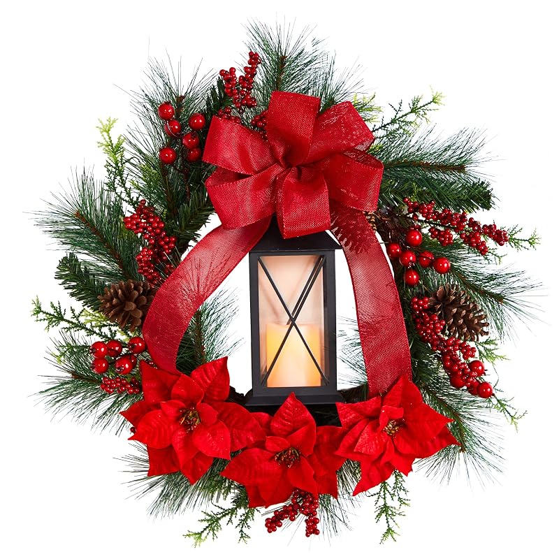 Nearly Natural 28in Poinsettia & Berry Holiday Lantern Wreath with LED Candle