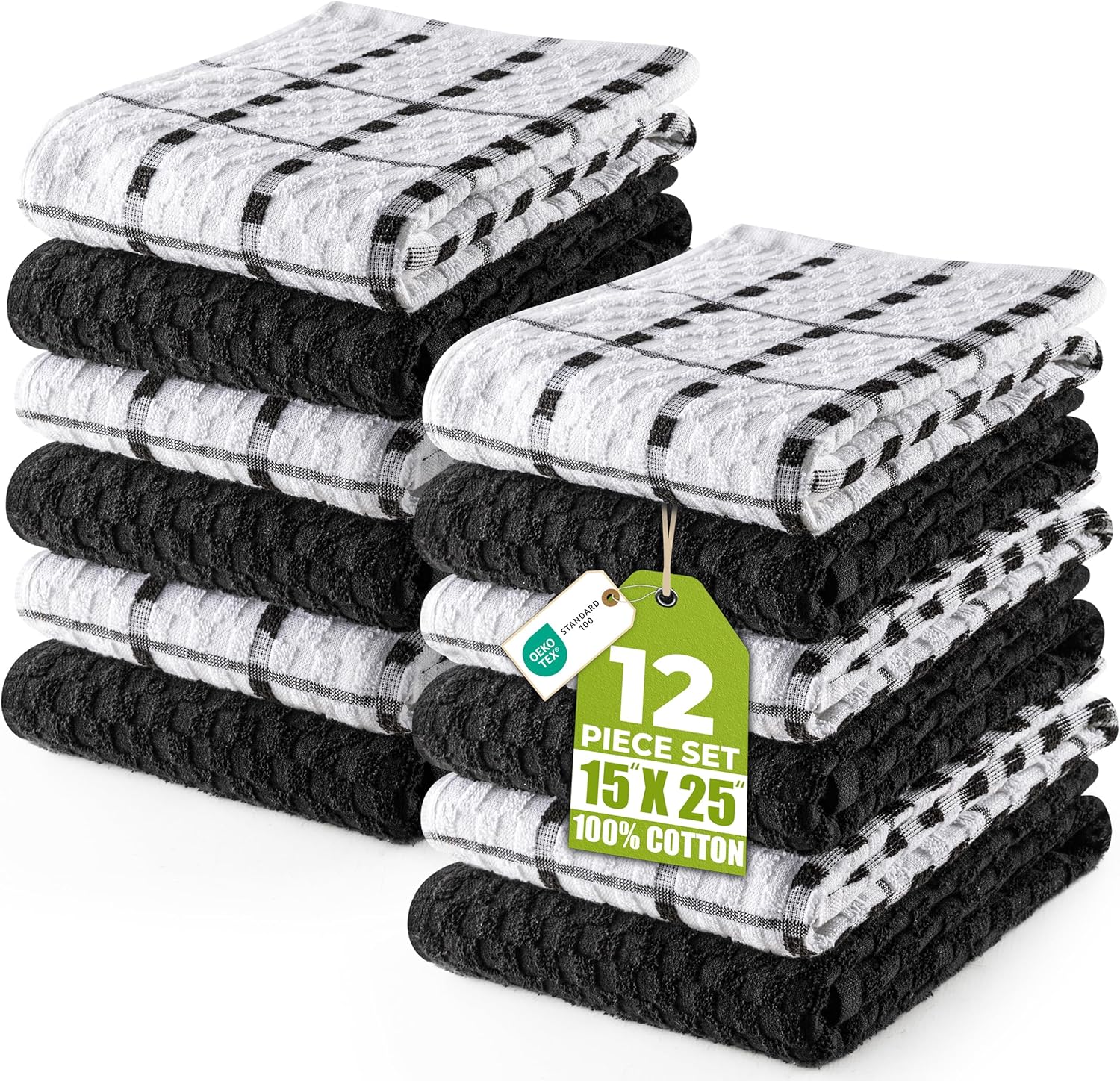 Utopia Towels - Super Soft 100% Cotton Kitchen Towels Set | 12 Pack, 15 x 25 Inches, Black